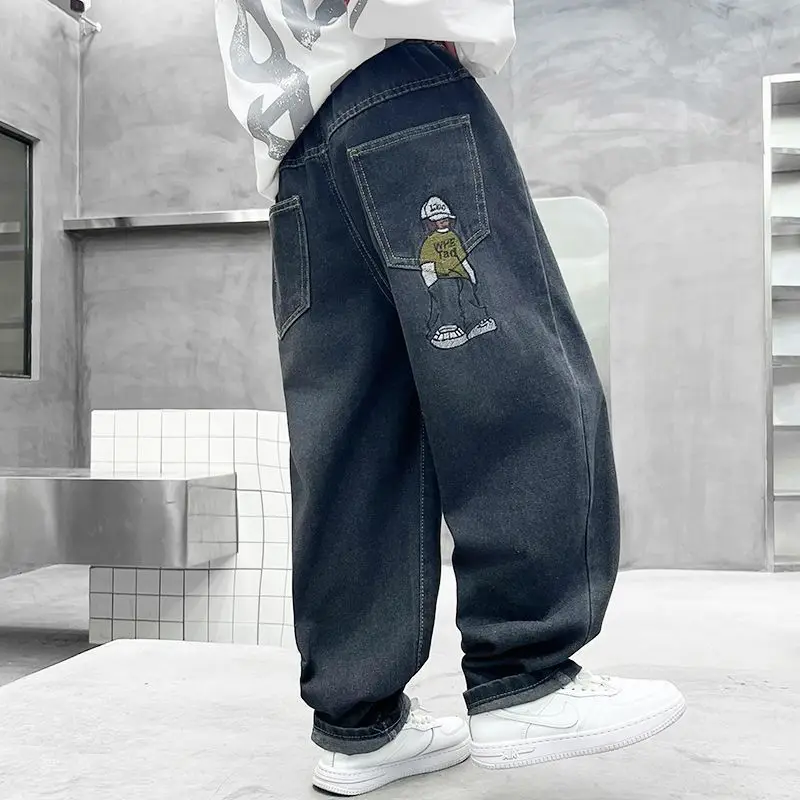 

Осень 2023, новые корейские свободные модные джинсы для мальчиков, длинные брюки, детская повседневная одежда