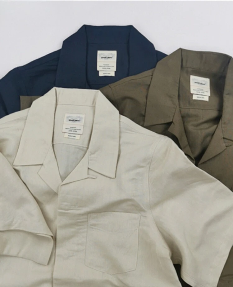 Cuban collar cotton and linen plain short-sleeved retro trend casual thin shirt