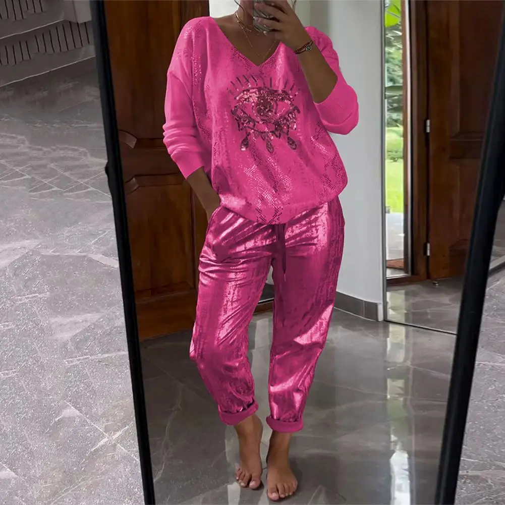 Devil Eye Bronzing Pattern Suit Eye Print V Neck Top Pants Set Loose Bronzing T-shirt Trousers for Women 2 Pcs/set Women Wide