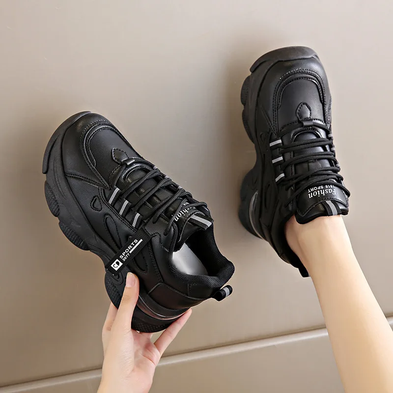 Inner Heightening Dad Shoes Women's Lightweight Thick Sole Sneakers 2024 New Autumn Female Leather Waterproof Casual Sport Shoes