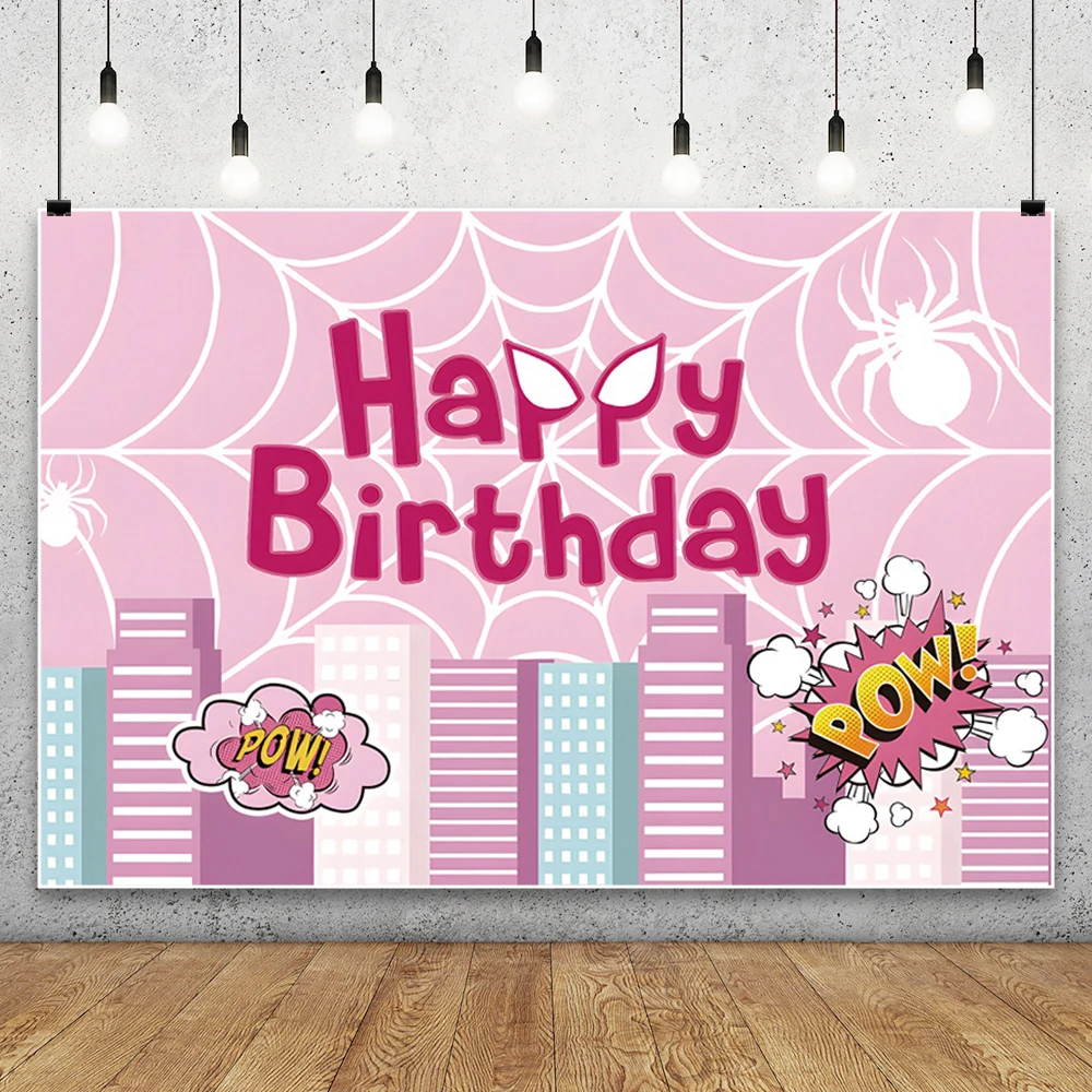 

Pink Spider-Man Hero Background Photography Baby Shower Photo Backdrop Birthday Party Decoration Props Supplies Studio Celebrate