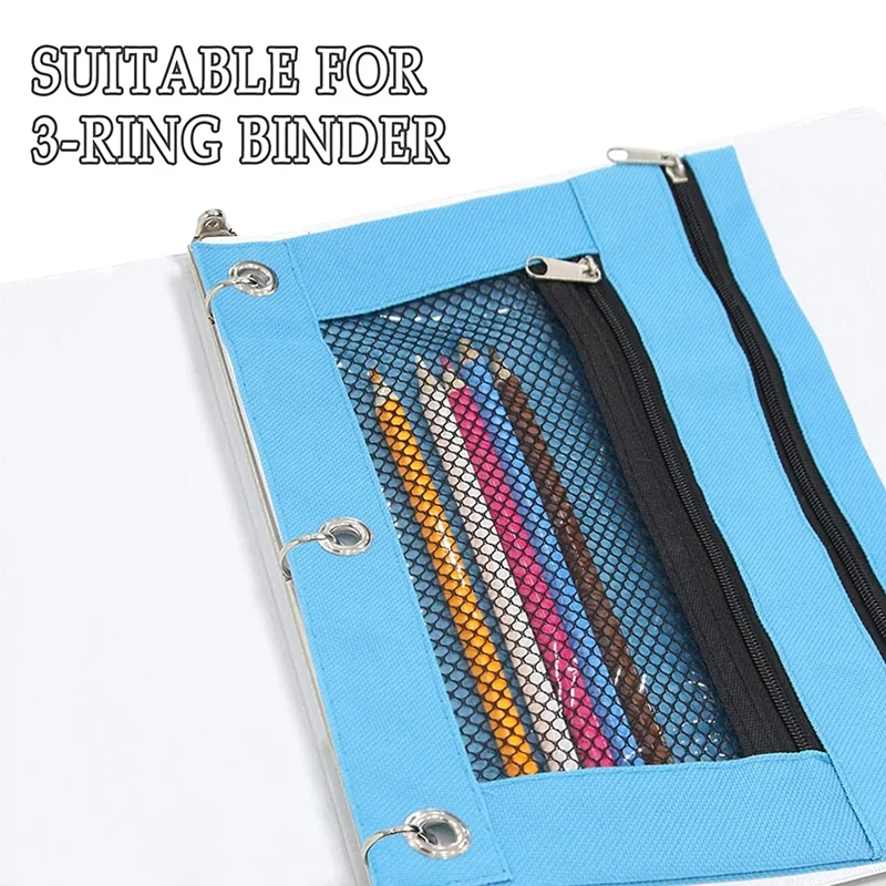 Pencil Pouch For 3 Ring Binder-Zipper Pencil Pouches, Pencil Case With Double Pocket And Mesh Window, 10Pcs Pencil Bags