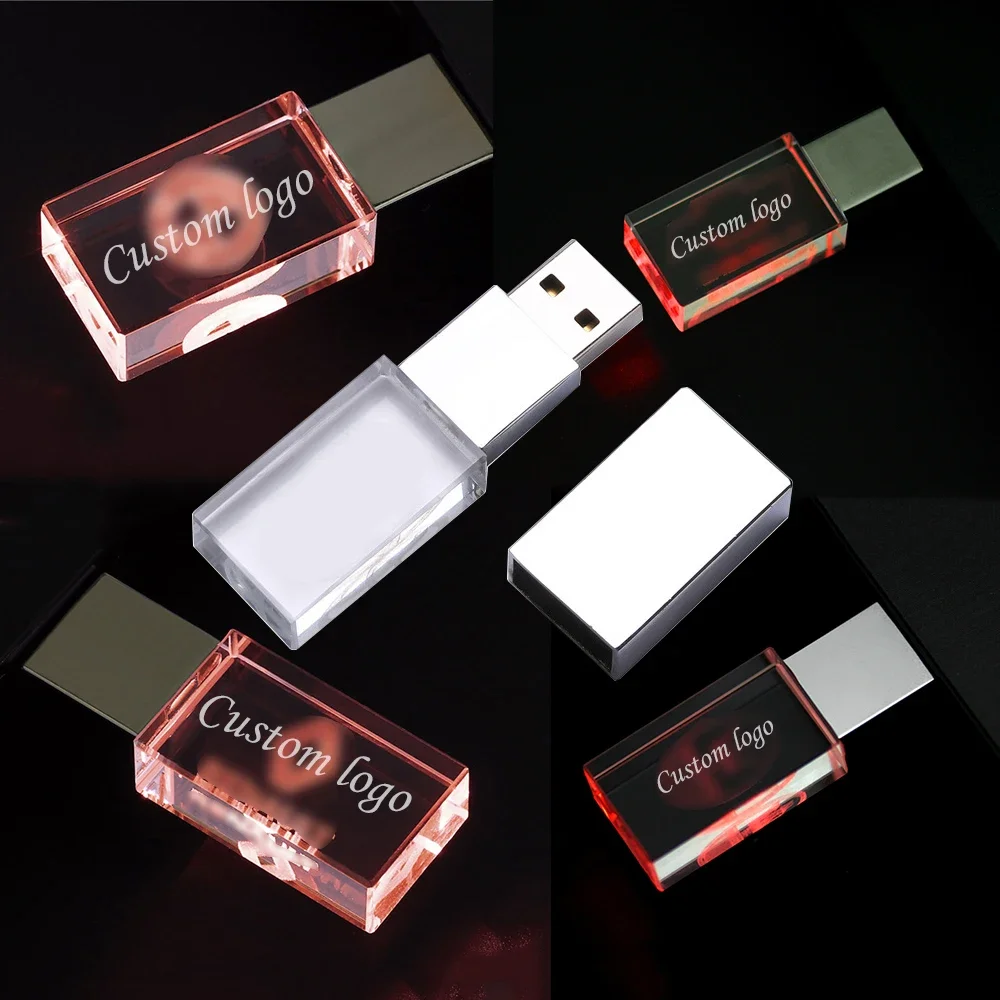 JASTER Crystal USB Flash Drive 64GB Free Custom Logo PenDrive 32GB Crystal with Color LED Light USB Stick 16GB Suitable for Cars