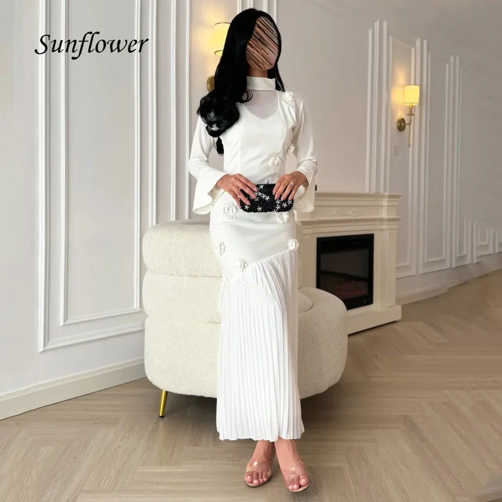 

Sunflower Ivory Appliques High Neck Mermaid Formal Evening Dress Saudi Arabia 2024 Crepe Long Sleeve Ankle-Length Prom Dress