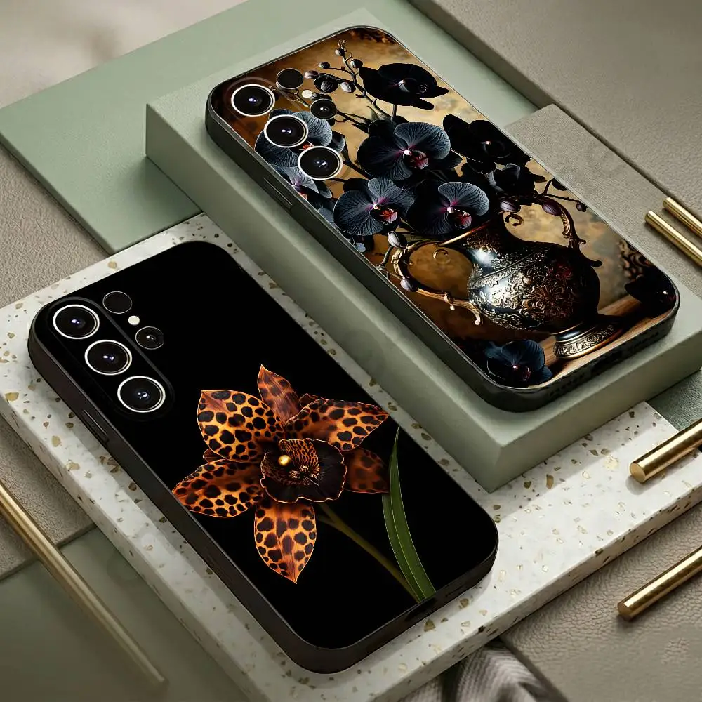 

Leopard Print Black Orchid Aesthetics Phone Case For Samsung S20,21,22,23,24,25,26 Ultra,Plus,Lite,FE,Black Soft Case