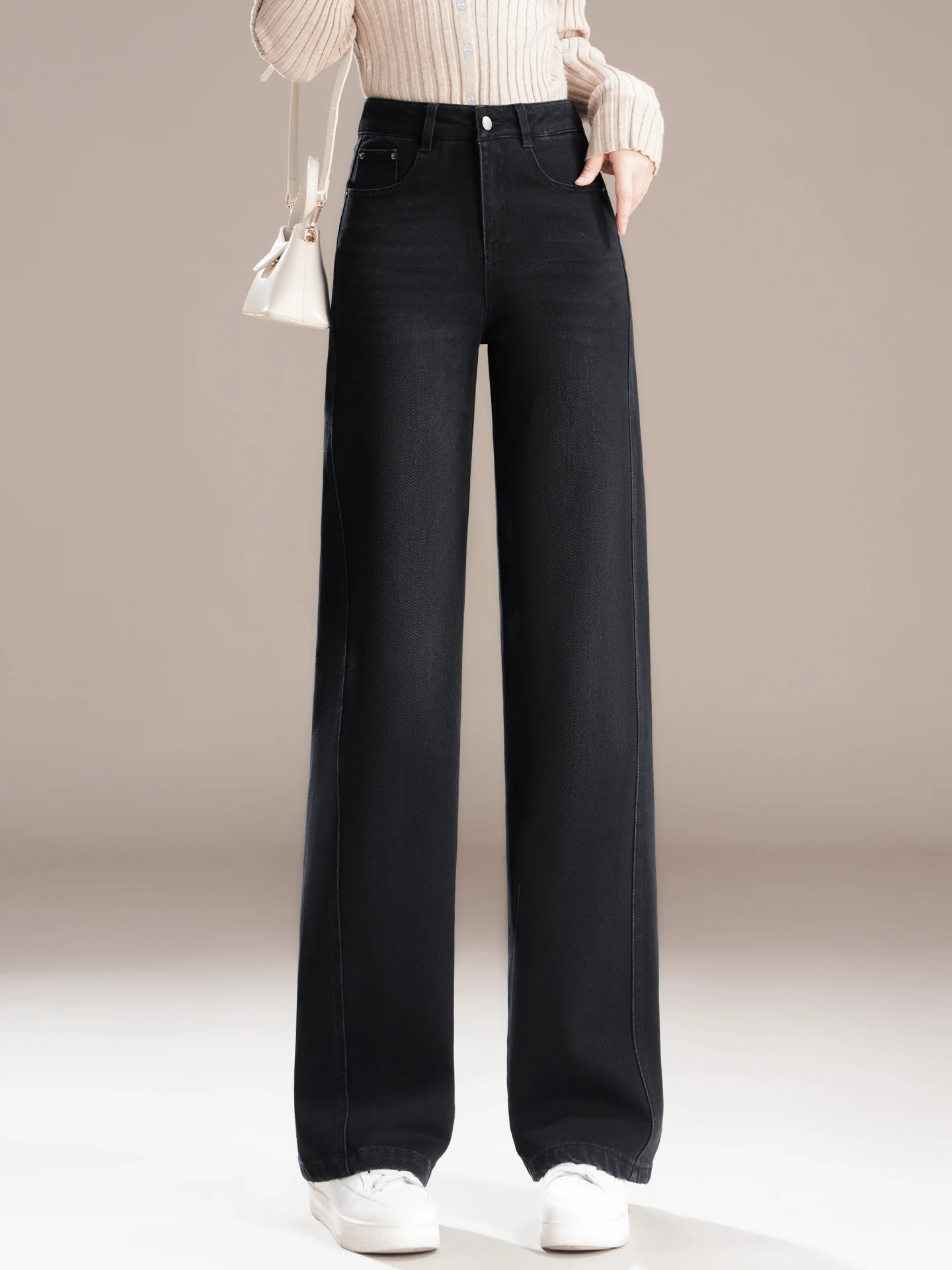 

Black High Waist Slimming Fleece Lined Narrow Leg Jeans Women's Casual Straight Cut Spring Autumn Winter New Style