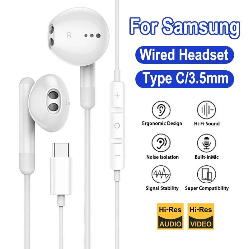 In-Ear Type C Hoofdtelefoon Voor Samsung Galaxy S24 S23 S21 S22 S20 Heavy Bass Met Microfoon A53 A52 A34 A54 3.5Mm Bedrade Oordopjes