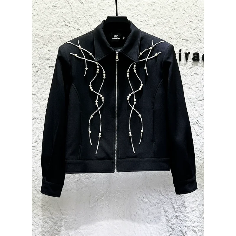 2025 Fashion Heavy Embroidery Pearl Black Lapel Jacket Set Handsome Boy Korean Version Loose Casual Wide-Leg Pants