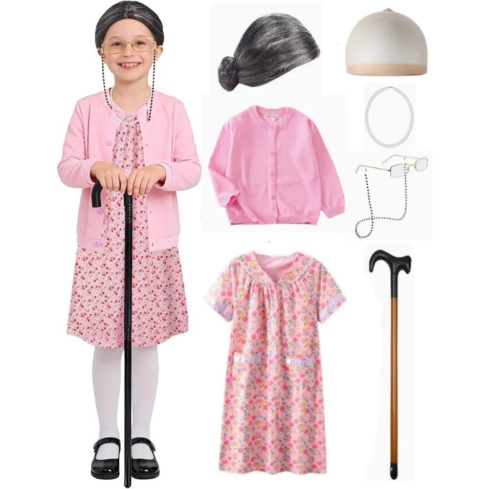 

100 Days of School Costume for Kids Old Lady Costume for Girls Funny Granny Grandma Dress Up Pink Cardigan Floral Dress Cosplay
