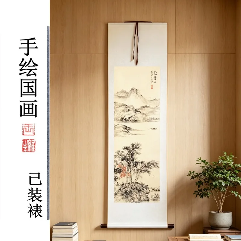 Mounted Chinese Landscape Hanging Scroll Painting, Handcrafted Pre‑Mounted Wall Art Adornment, Classic Oriental Wall Hanging