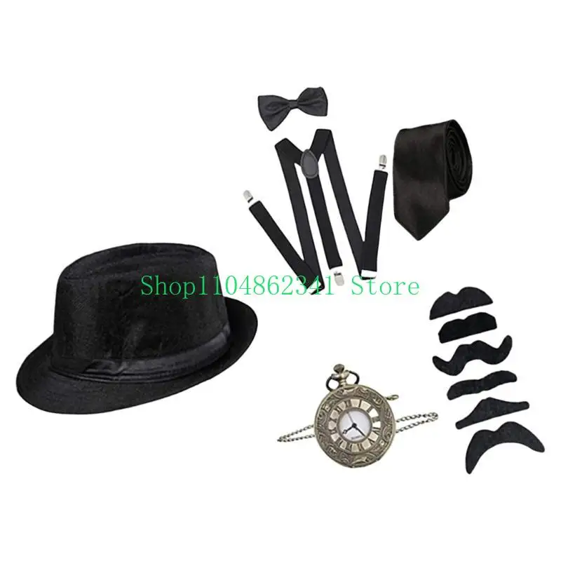 Costume da uomo anni '20 Cappello Fedora Bretelle Papillon, Bretelle Baffi Barba Set di accessori per costumi cosplay di Halloween