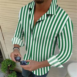 Camisa de lapela manga comprida listrada masculina, top simples, casual, confortável, tecido de alta qualidade, elegante, cinza, verde