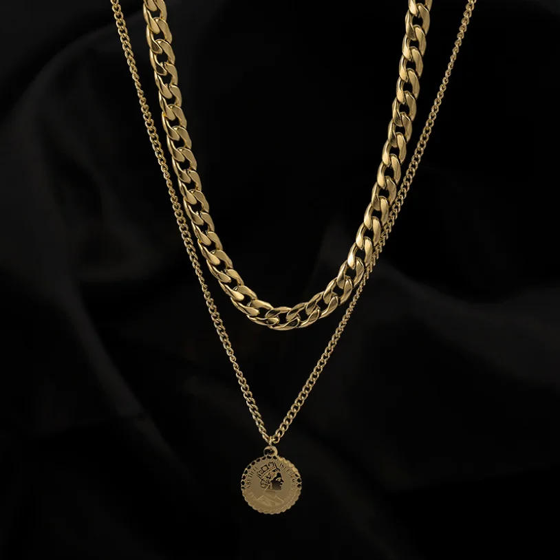 316L Stainless Steel New Fashion Fine Jewelry Separable 2-Layer Queen Coin Charm Thick Chain Choker Necklaces Pendants For Women