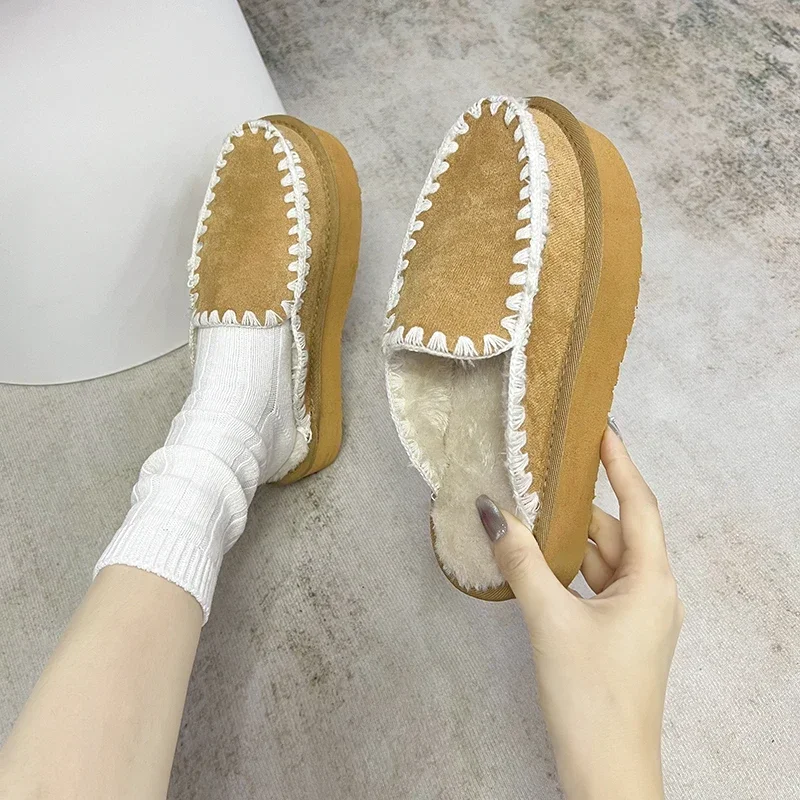 Winter Women's Keep Warm Short Plush Suede Slippers New Plus Size Closed Toe Platform Shoes for Women Casual Home Cotton Shoes