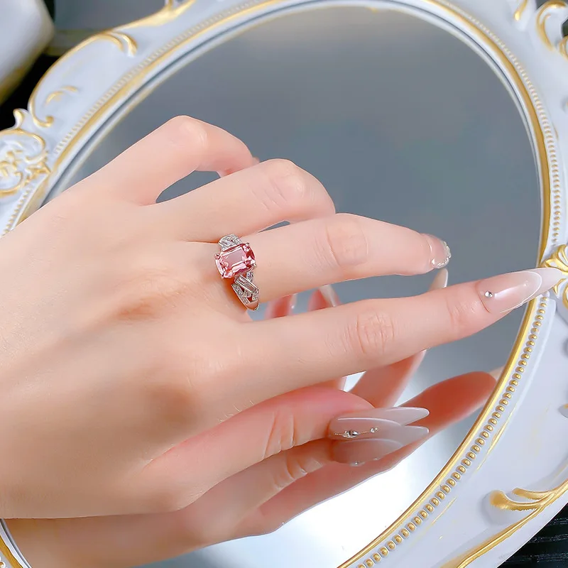 Luxury white gold solid platinum PT950 cultivated Morgan pink 7*9mm fat square ring retro high-end color treasure ring