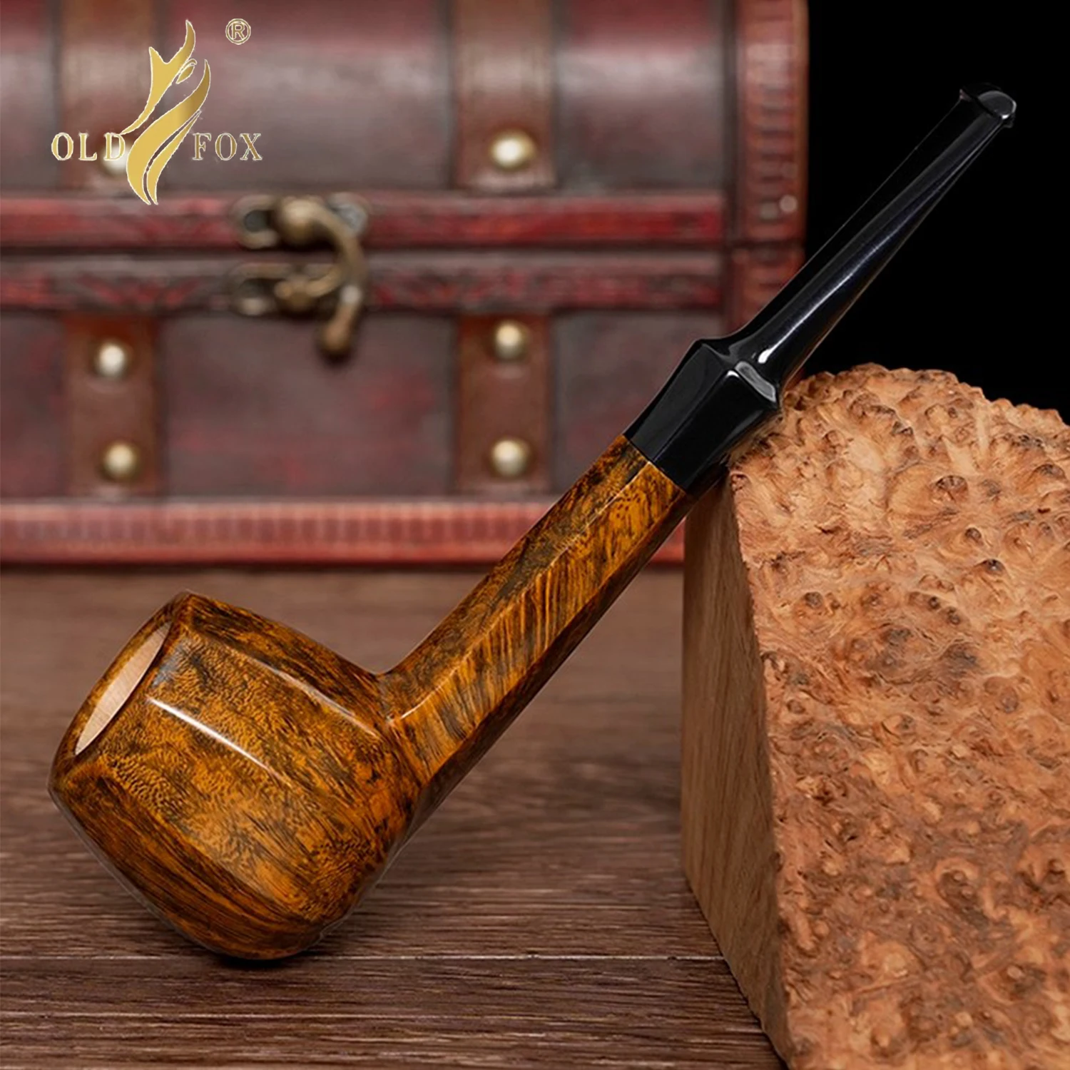 OLD FOX Hand Carved Briar Tobacco Pipe Polyhedron Bowl Straight Handle Long Pipe Fathers Day Gift Set With Cleaning Kit