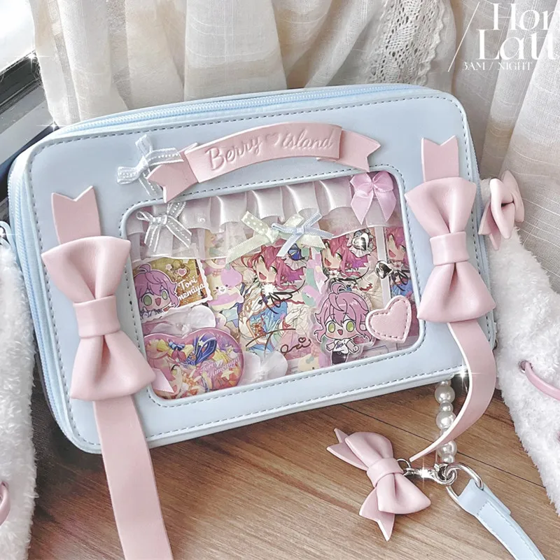 Winter Autumn Lolita Bags Girls Sweet Bow PU Shoulder Bag 2024 Long Rabbit Ears Kawaii Crossbody Bag Transparent Cute Bolsa