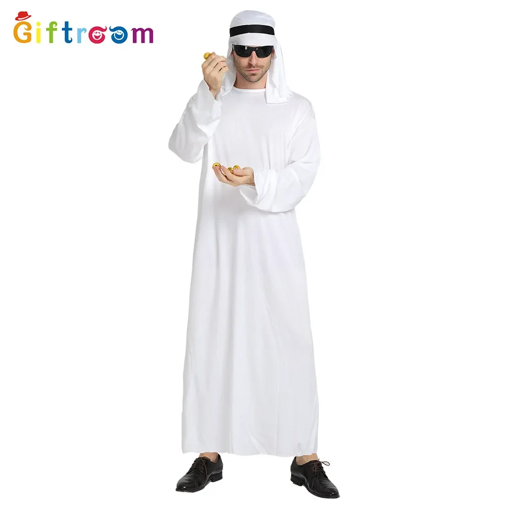 Halloween Cos Costume Carnival Cosplay Arab Sheikh Prince Masquerade Male Pure White Middle East Dubai Clothes