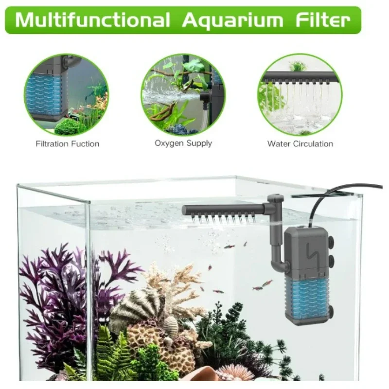 3-IN-1 Aquarium Internal Filter Pump Silent Wave-Maker Submersible Fish Tank Filters Air Oxygen Aerator for Saltwater Freshwater
