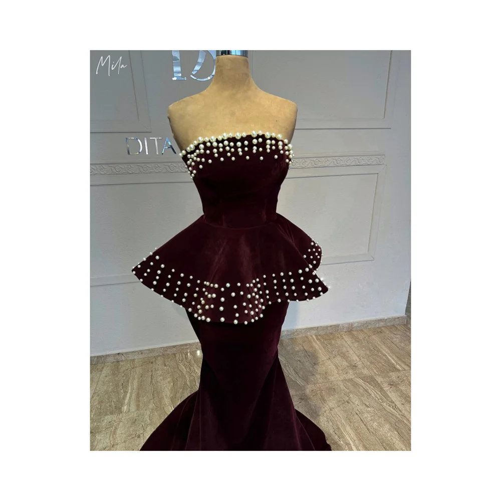 

Красное бархатное платье для выпускного вечера Mila без бретелек без рукавов, роскошные женские вечерние платья по индивидуальному заказу, со шлейфом, платья de fiesta 2025