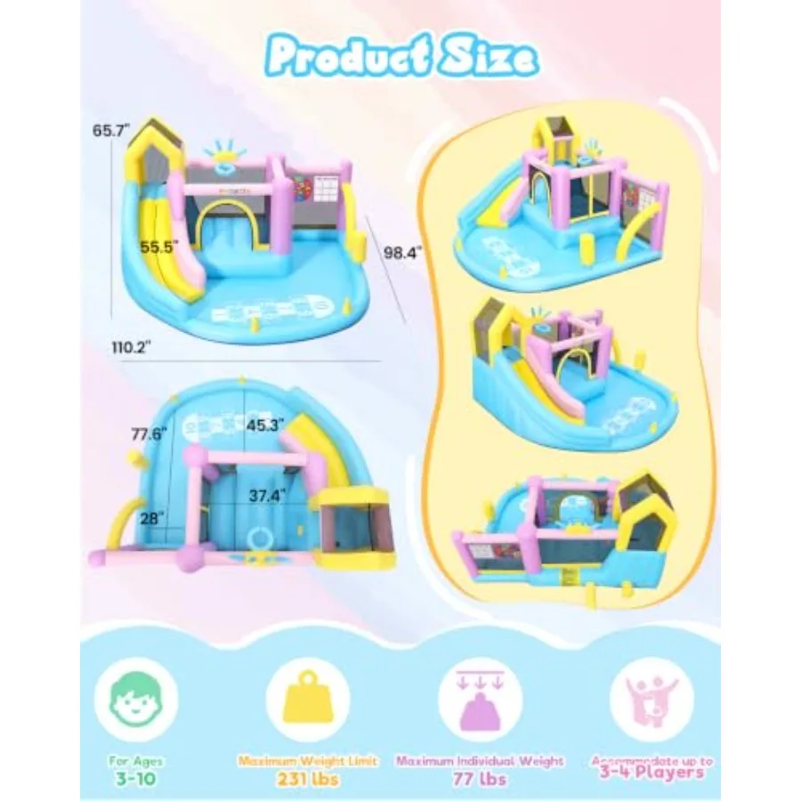 Inflatable Bounce House for:PVC, Blue Red, Outdoor/Indoor Use with Slide, Splash Pool, Basketball Hoop, Climbing Wall Multi Puz
