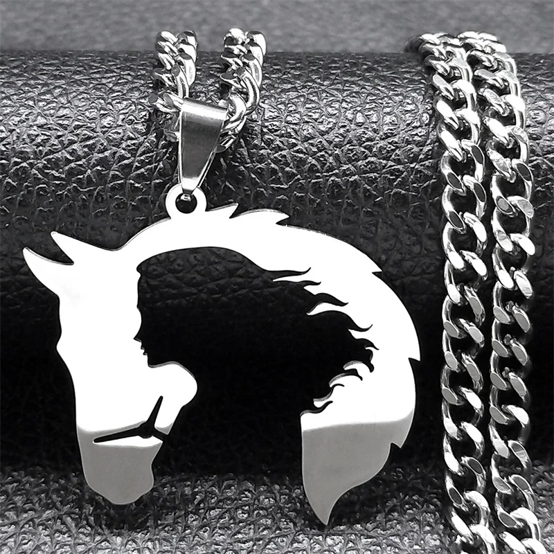 Pferd und Mädchen Silhouette Anhänger Halskette für Frauen Männer Edelstahl hohl Pferdekopf Tier Halsketten Schmuck Geschenk n3215s03 – Detail 4