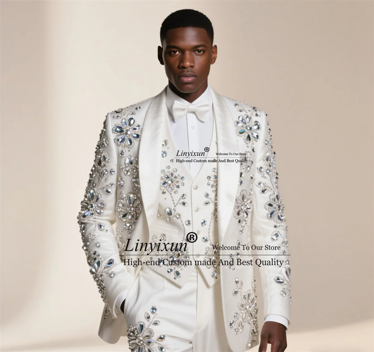 

Luxury Ornament Rhinestones Men Suits 3 Pieces Sets Groom Male Blazers Customized Slim Fit Wedding Tuxedos Formal Ropa hombre