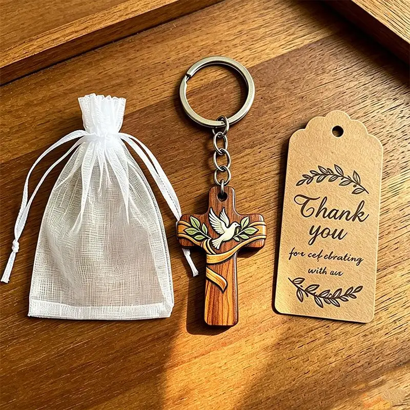 Religiöser Holzkreuz-Schlüsselanhänger in Großpackung, Organza-Beutel mit Taubenmuster, Anhänger für Gläubige, Hochzeitsgeschenke – Detail 3