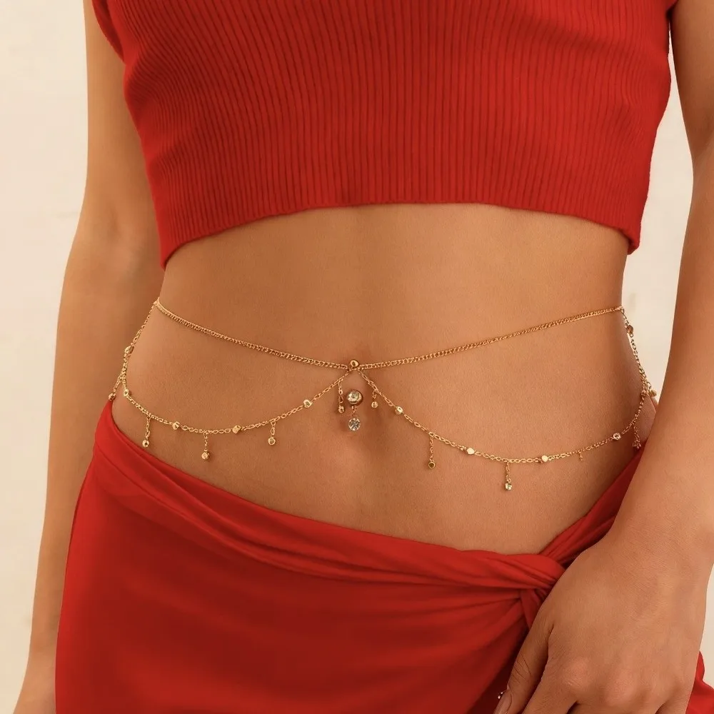Fashion Water Drop Navel Nails Body Chain Zircon Tassel Waist Chain Charm Geometric Bikini Belly Belt Festival Accessories