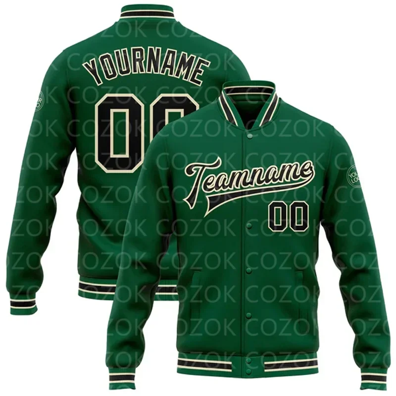 Custom Green Black 3D Printed Baseball Button Jacket Bomber Full-Snap Varsity Letterman Jacket