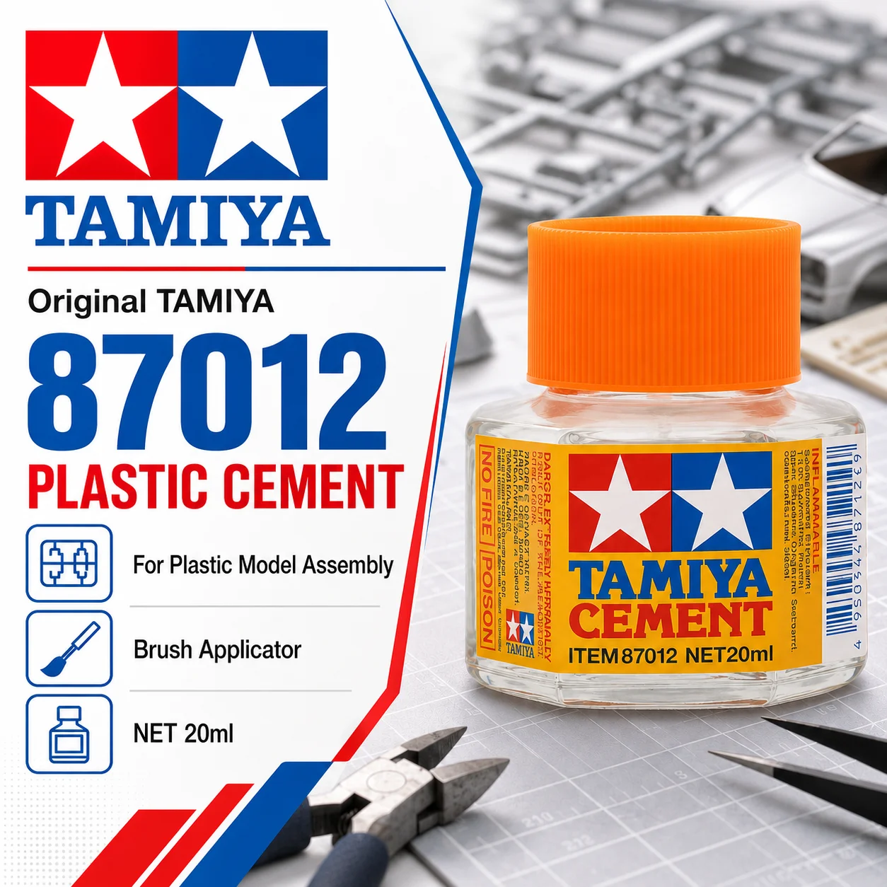 Original TAMIYA 87012 Plastic Cement Brush-On Adhesive for Styrene Scale Model Kit Assembly Precision Bonding 20ml