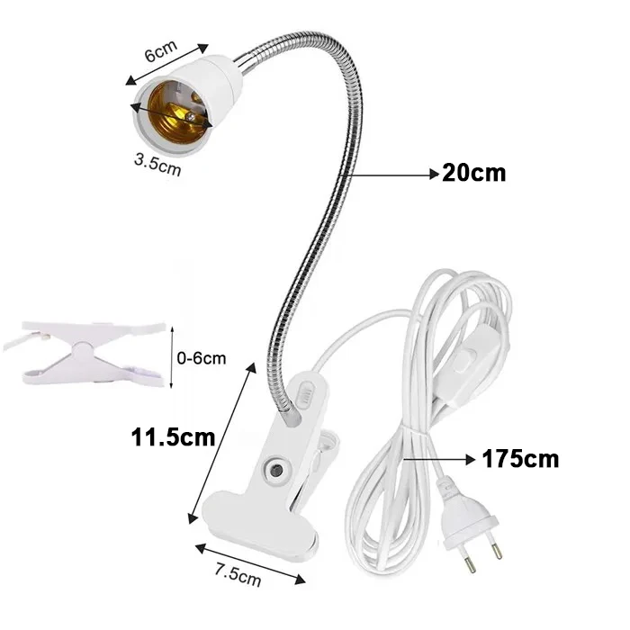 360 Degrees Flexible Desk Lamp Holder E27 Base Light Socket Gooseneck Clip-On Cable With On Off Switch for Home Plant