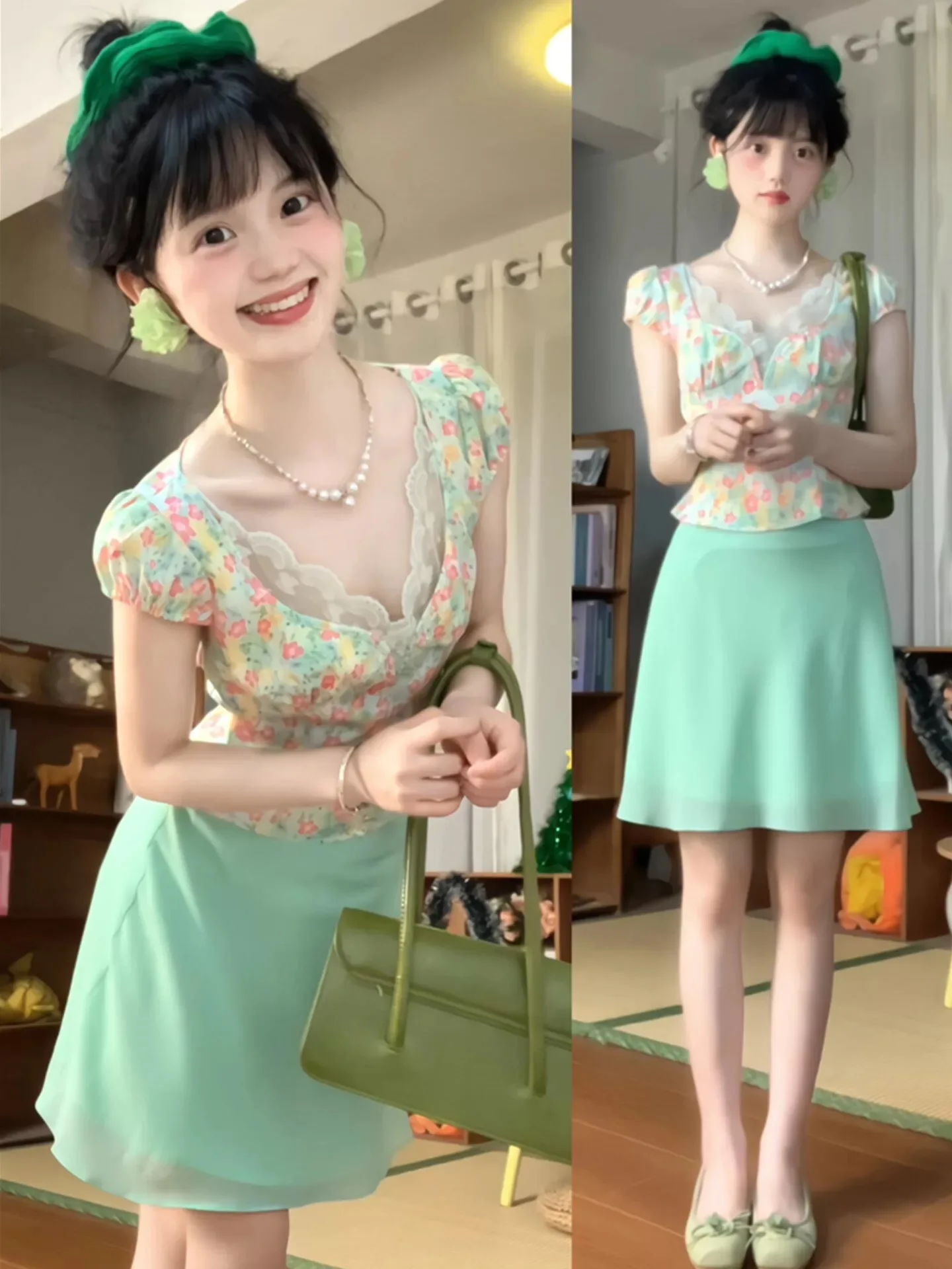 

Summer Vacation Style Floral Print Top And Skirt Set Women's Fashion Two-Piece Suit Short Sleeve V-Neck High Waist Midi Skirt
