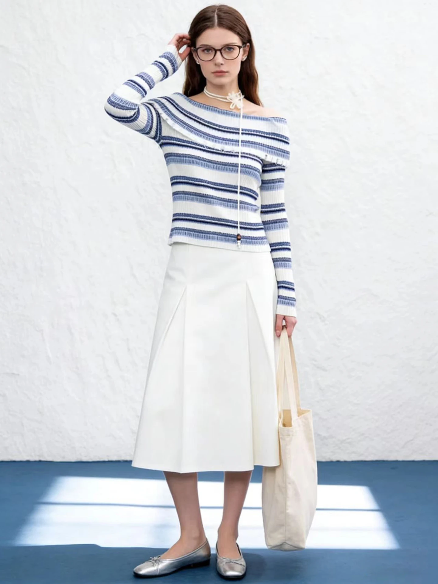 

HUAAPPUW Nautical Stripe Weathered One oulder Thin Knitted Top Women's Spring New Sle Casual Soft Polyester Long Sve