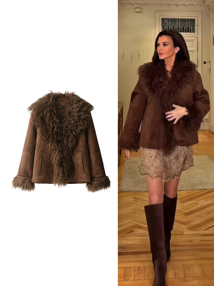 

Women Faux Fur Patchwork Suede Coat Fashion Big Lapel Full Sleeve Warm Loose Fit Jacket Female Winter Thick Outwear 2025 New