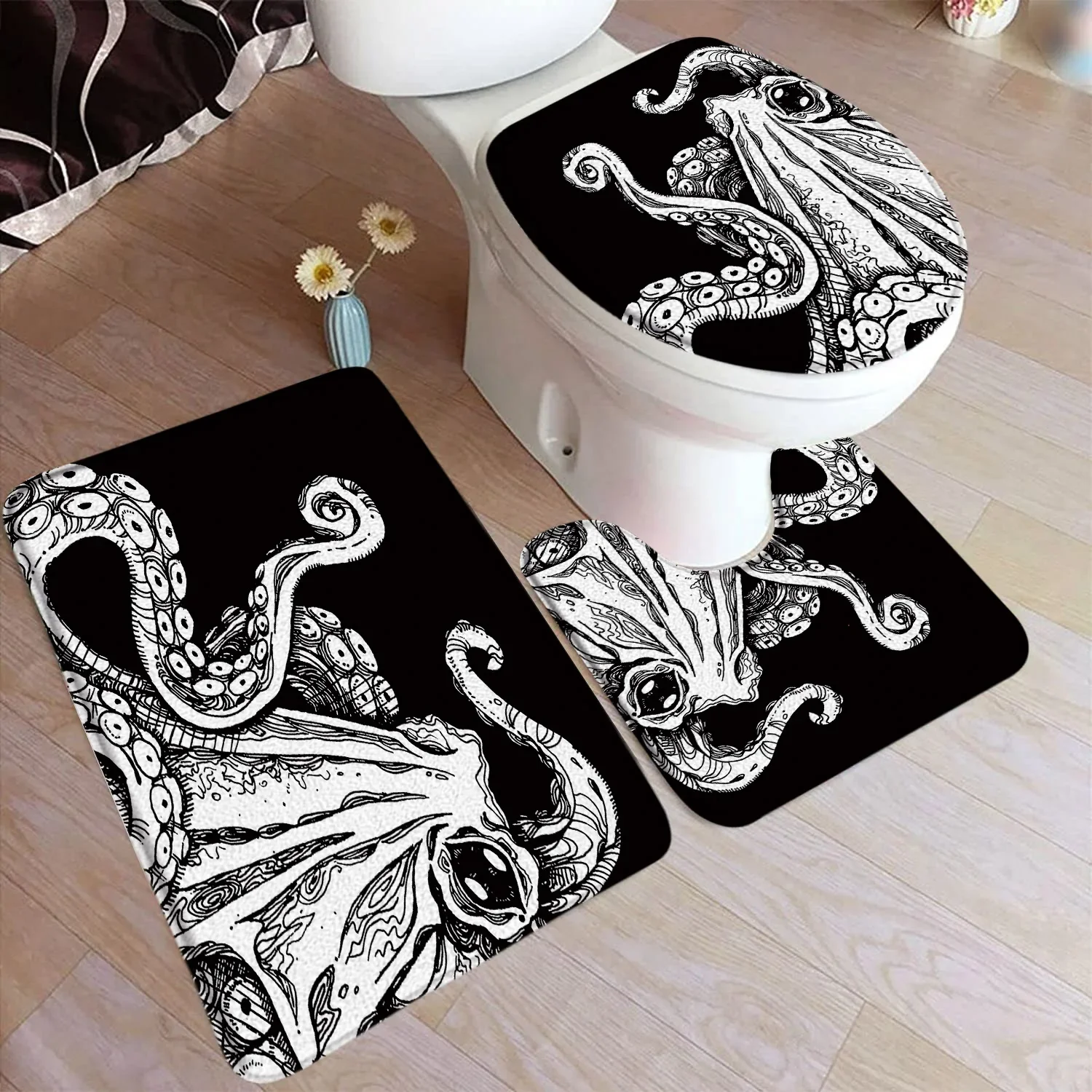 Octopus Zestaw dywaników do kąpieli Ocean Animal Czarny dywan do domu Wycieraczka Flanela Łazienka Dekoracyjne dywaniki podłogowe Podkładka w kształcie litery U Pokrywa toalety