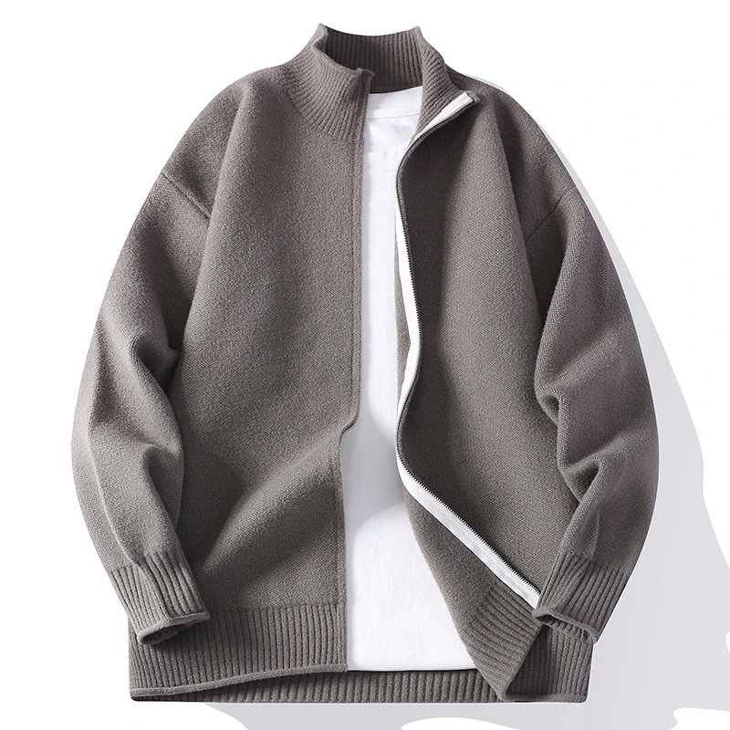 

Весенне-осенний мужской вязаный кардиган с воротником-стойкой на молнии, модный свитер-куртка, однотонный, в уличном стиле, повседневный вязаный свитер-пальто
