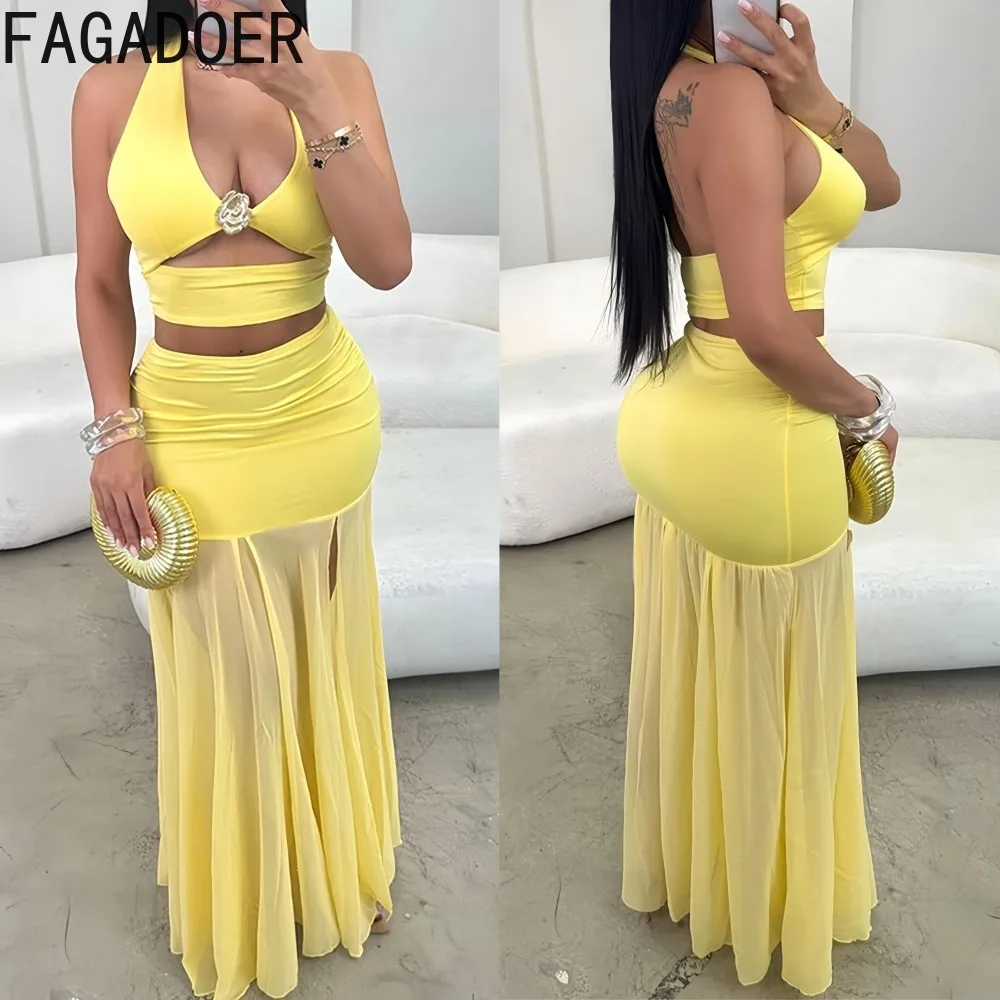 

Сексуальный комплект из двух предметов FAGADOER: однотонный укороченный топ без рукавов с открытой спиной и юбка для женщин, уличная одежда, платья