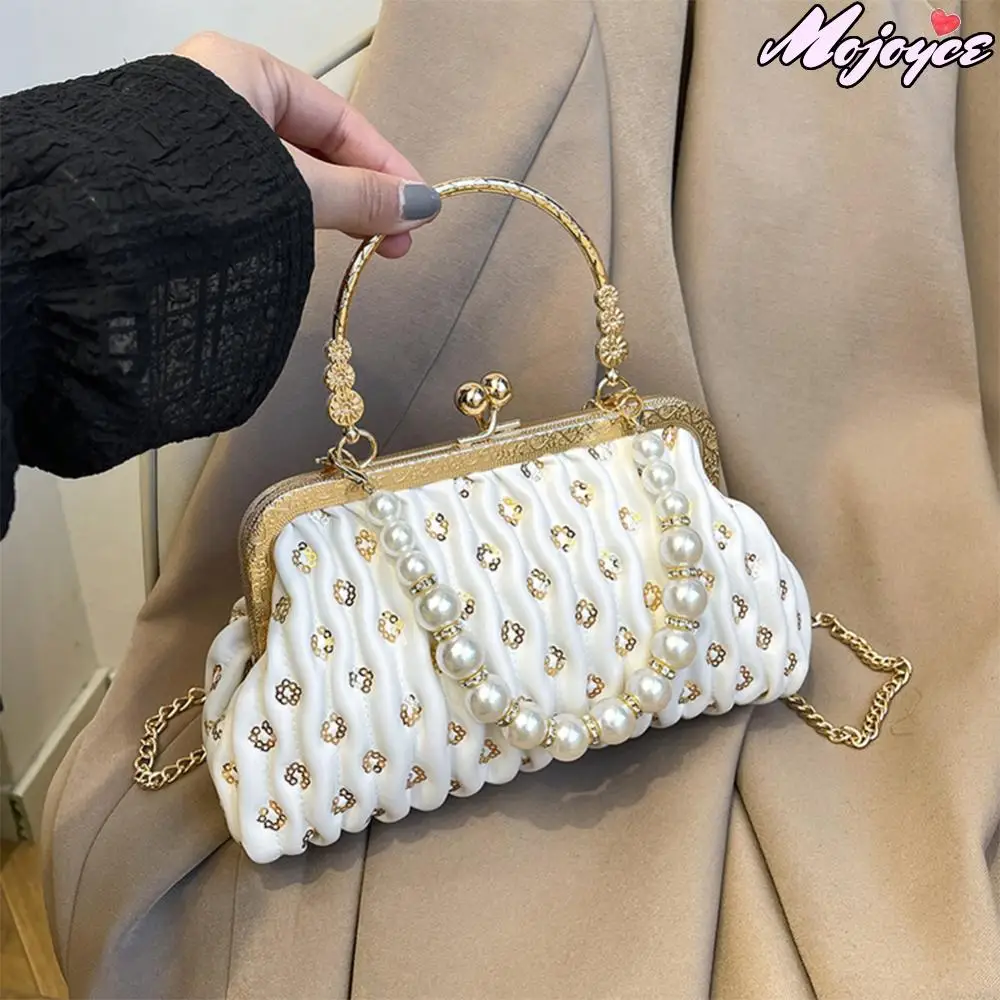

Kiss Lock Design Women's Wedding Party Handbag Vintage Sequin Shoulder Crossbody Bags with Chain High-end Ladies Clutch Purses