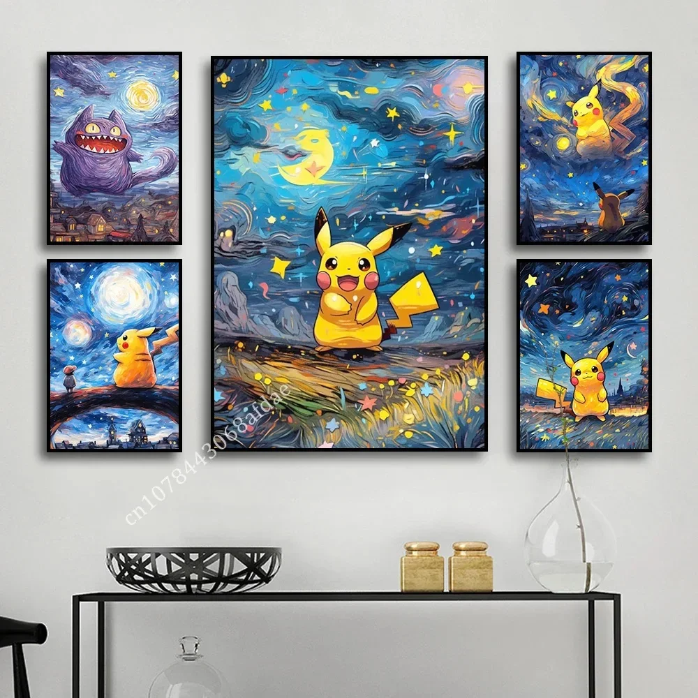 Van Gogh Starry Sky Canvas Posters anime figure Pocket monster Pikachu Watercolor Painting  Wall Art Picture home  decoration