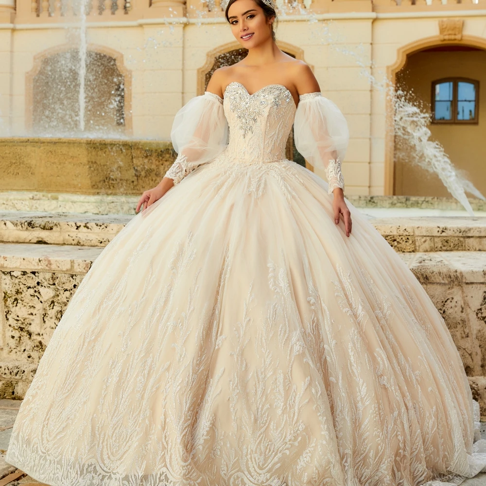 Personalizado champanhe vestido de baile quinceanera vestido querida manga longa rendas apliques miçangas doce 16 vestidos de 15 yqd213