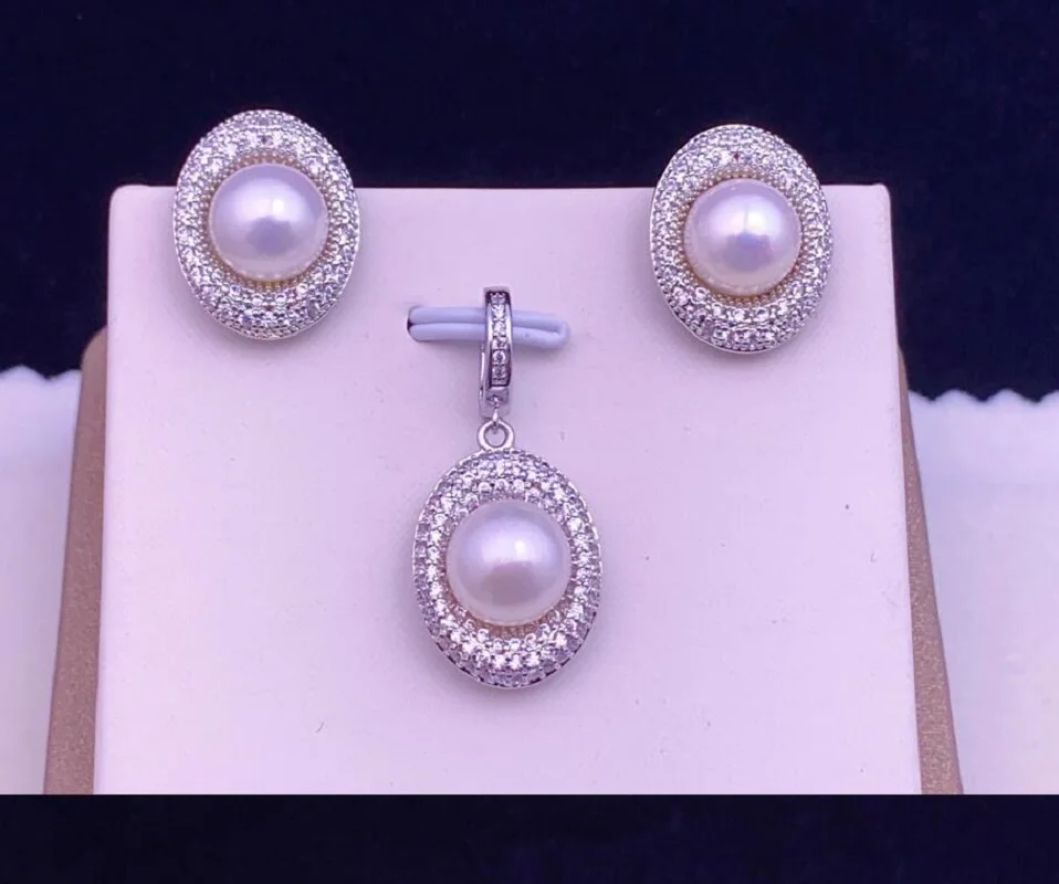 

charming set of 9-10mm natural south sea white pearl earring pendant 925s