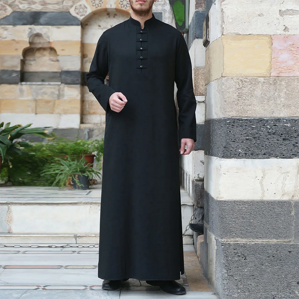 Men Jubba Thobe Saudi Arabia Islamic Clothing Black Long Sleeve Abaya Muslim Fashion Kaftan Oversized Casual Men Kaftan