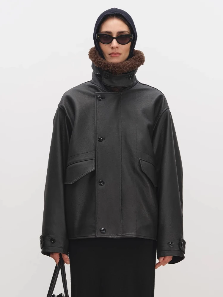 

Черные мотоциклетные куртки из натуральной кожи для женщин, осень-зима, съемный шерстяной меховой воротник, бархатное пальто из натуральной коровьей кожи