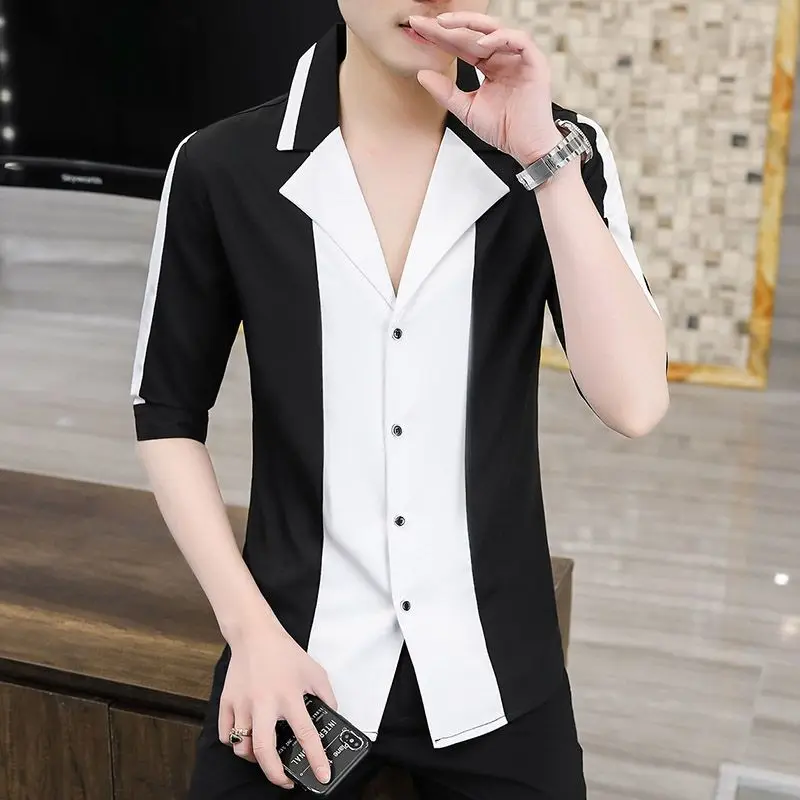 2025 Summer Men Shirt Five-quarter Sleeve Slim Suit Collar Versatile Casual and Fashionable Cardigan