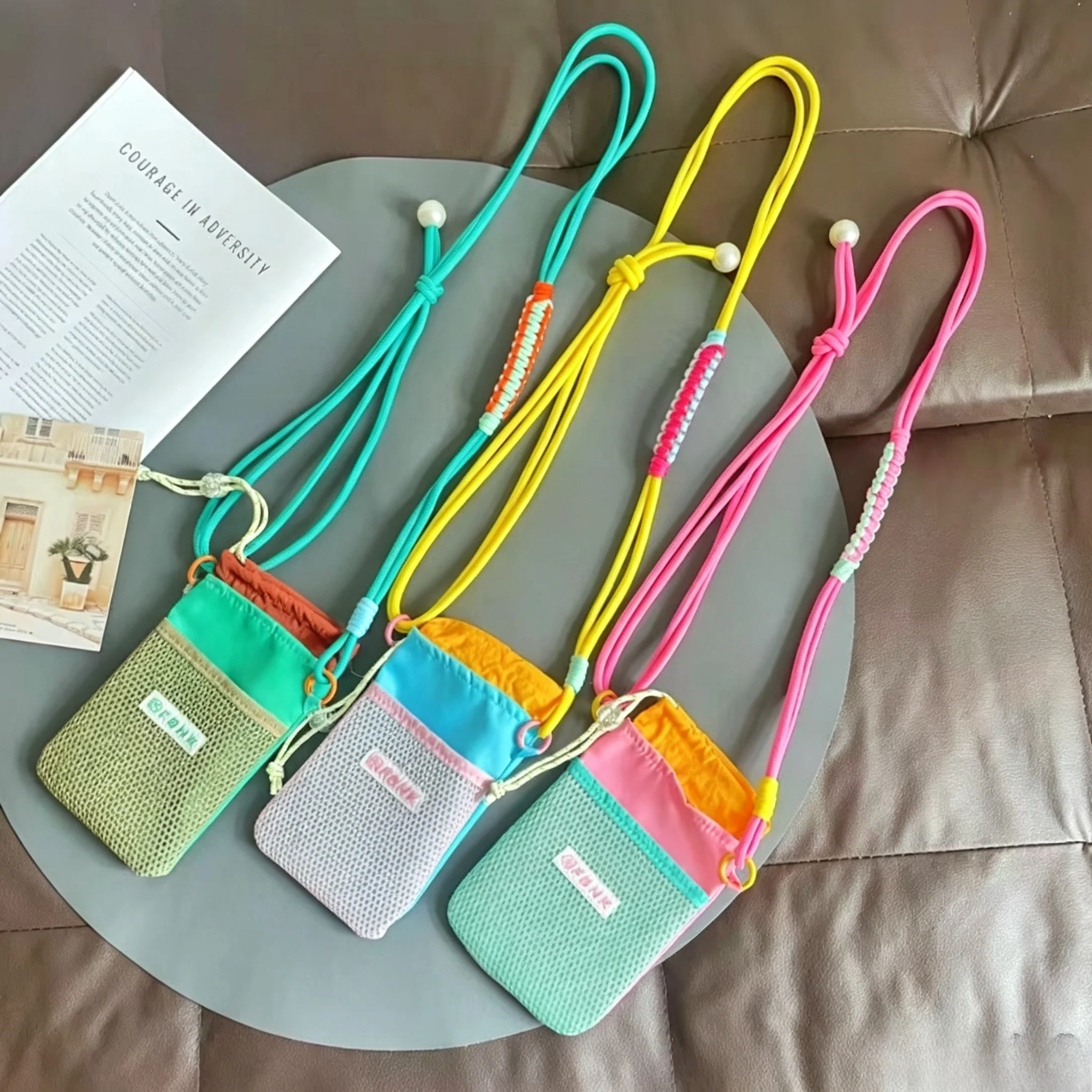 Dopamine Color Contrast Mesh Neck Wallet Adjustable Crossbody Rope Lanyard Phone Bag Earphone Coins Key Lip Organizer for Girls view 6