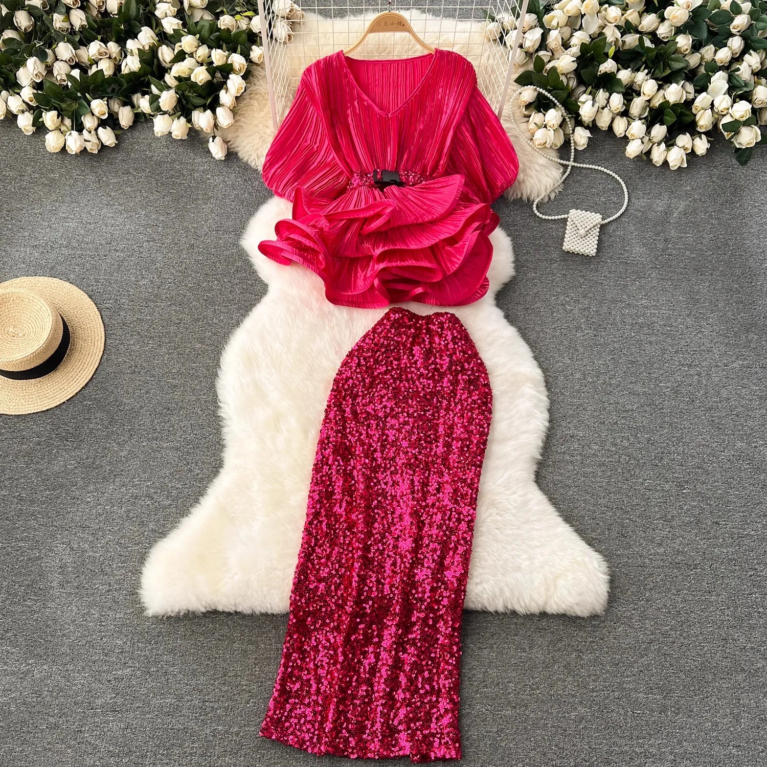 High End Summer Women Fashion Elegant 2 Piece Set V Neck Belt Ruffles Short Tops+High Waist Sequins Slim Long Party  Skirts