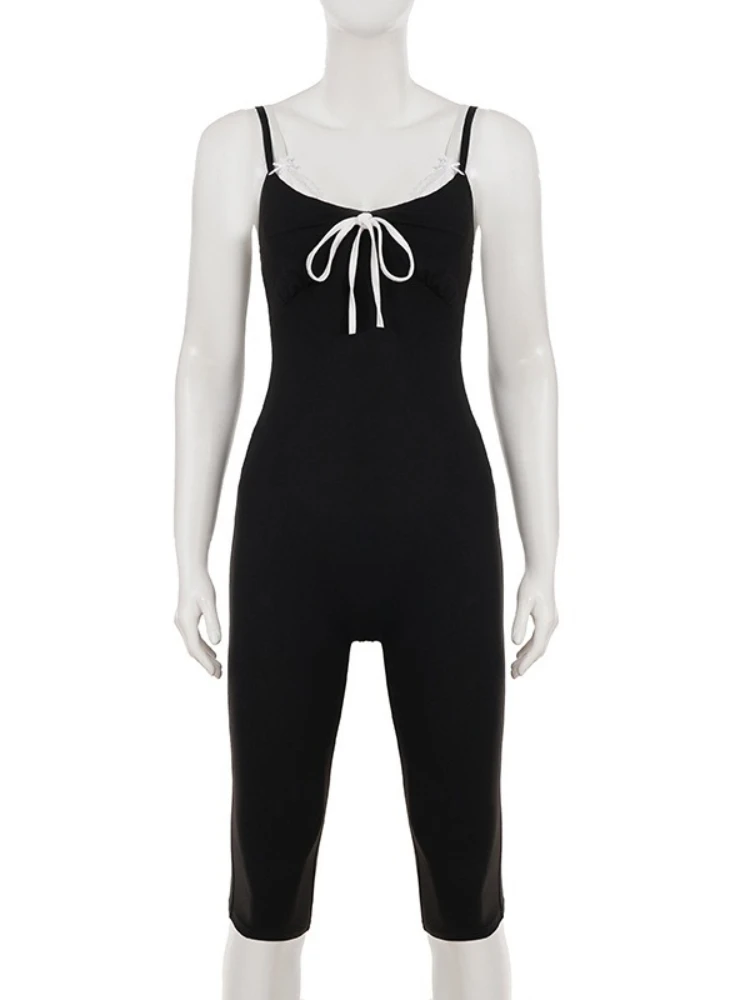 SsTss ストリートスタイル カラーブロック スパゲッティストラップ ジャンプスーツ ファッション タイアップ フロント Vネック ノースリーブ スリム カプリパンツ ワンピース ロンパース