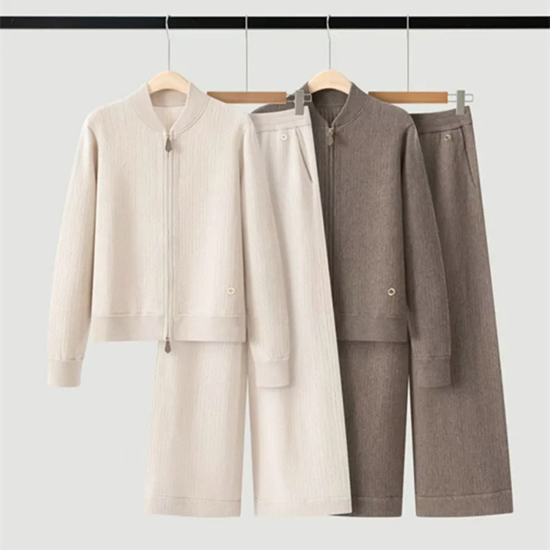 26 Women's Autumn Winter New Wool and Cashmere Knitted Set Zipper cardigan Coat with Straight Pants
