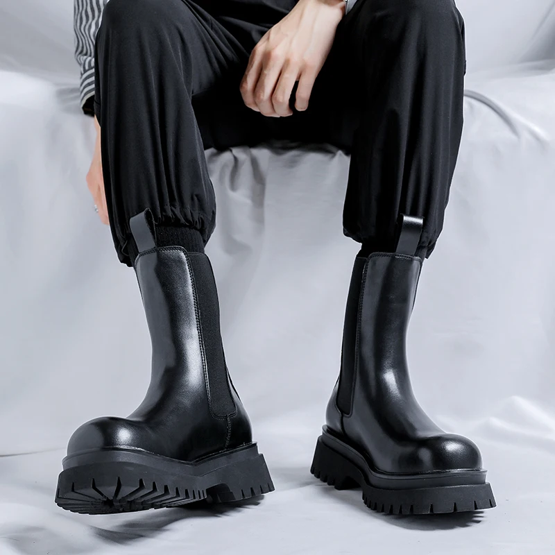 Winter Business Men High-top Chelsea Boots Black British Style Thick-soled Durable Fashionable Motorcycle Boots Social Boots Men